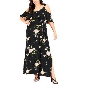 EVANS 16W-24W Black Floral Overlay Midi Maxi Dress DD06.10